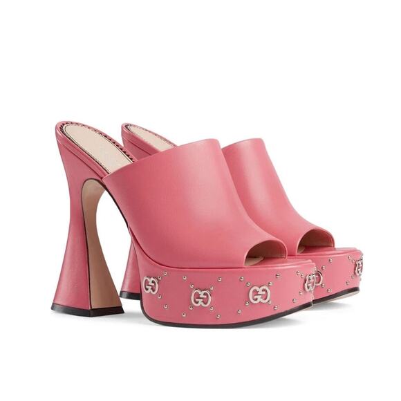 Gucci Janaya Studded GG 38.5/ US 8 Platform Sandals Pink Spool Heel NIB - Picture 1 of 10